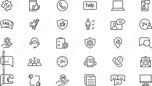 satisfied, assistance, experience, feedback, operator and technical support icons. Thin outline icons pack.