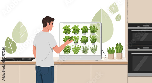 Indoor Herb Garden and Modern Kitchen Integration with Man Tending to Greens