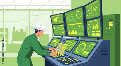 Industrial Control Room Operator Analyzing Data on Multiple Screens with Factory View