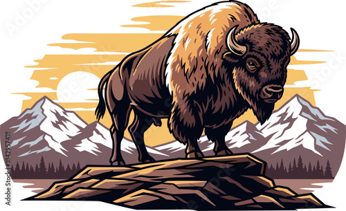 Majestic Bison Standing on Rocky Outcrop at Sunset in Mountain Landscape Illustration