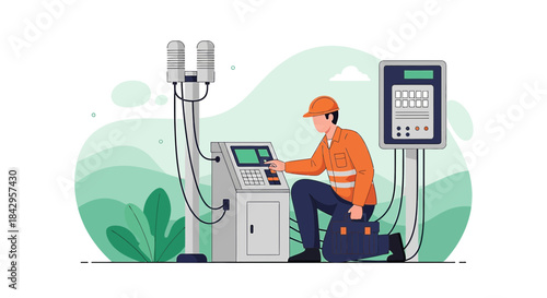Industrial technician inspecting control panel, ensures proper functioning and optimal performance