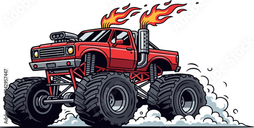 Dynamic illustration of a powerful red off-road vehicle with flaming exhausts and massive tires kicking up dust, symbolizing speed and extreme performance and adventure