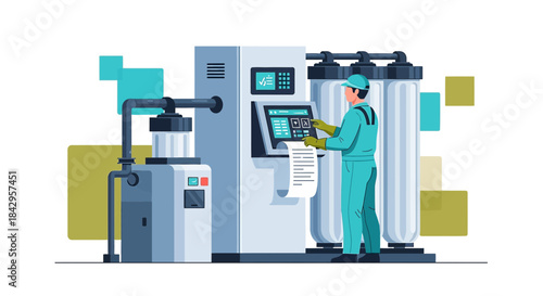 Industrial worker inspecting a modern water purification system with digital interfaces