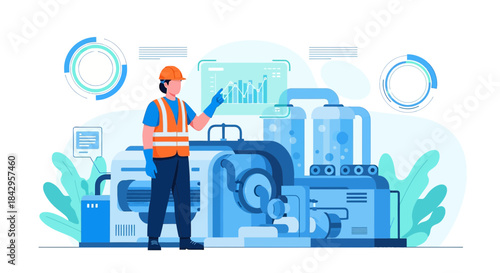Industrial worker monitoring production process using modern technology interface illustration