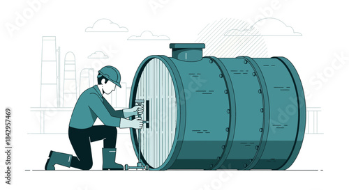 Industrial Worker Servicing a Large Tank on an Industrial Site with Diluted Blue Tones