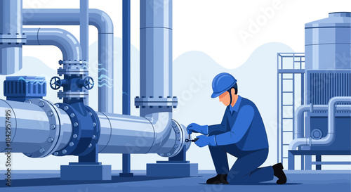 Industry worker in blue uniform repairing pipeline system with wrench maintenance process