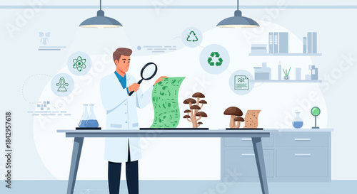 Innovative biotech research examining mushroom based materials in a modern laboratory setting