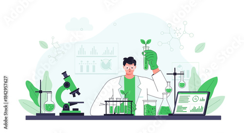 Innovative botanical research illustration showcasing a modern laboratory environment with green