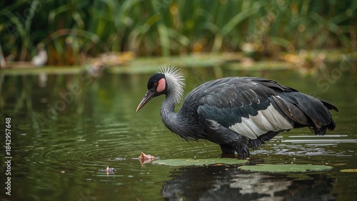 A black and white bird with a distinctive crest standing in a pond.