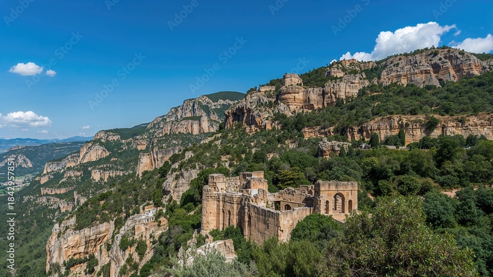 Fototapeta premium Colorful mountain landscape with ancient ruins and lush greenery under a bright blue sky.
