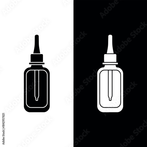 Minimalist black and white illustration of a dropper bottle isolated on a clean background perfect for design and branding projects
