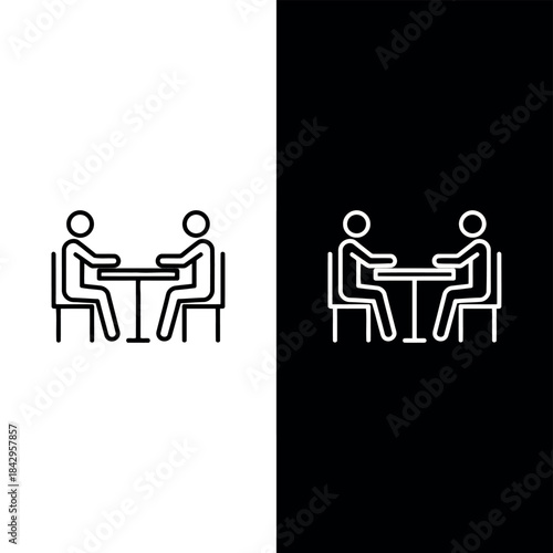 Minimalist icon depicting two people sitting at a table suitable for business or social settings