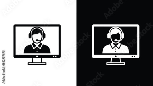 Minimalist icons of customer service representatives on computer screens suitable for tech and support themes