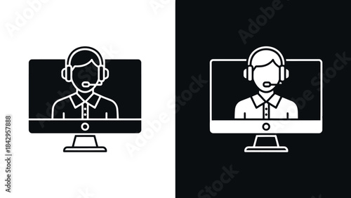 Minimalist icons of customer service representatives wearing headsets on computer screens suitable for tech and support themes