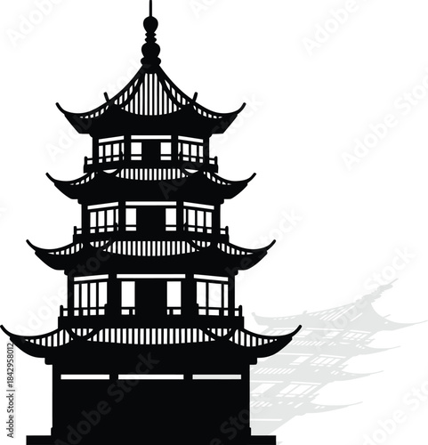 Black Silhouette of a Traditional Asian Pagoda