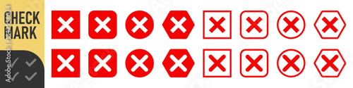 Red and black cross icons set : Set of many red cross set icons in various shapes: square, rounded, circle, and outlined rounded square. perfect for UI, errors, failures