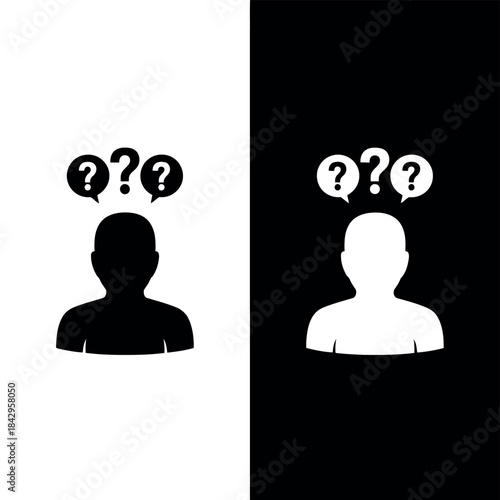 Silhouette of a person with thought bubbles containing question marks representing confusion or uncertainty suitable for concepts of doubt or questioning