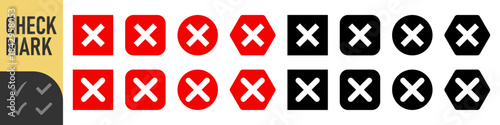 Red and black cross icons set : Set of many red cross set icons in various shapes: square, rounded, circle, and outlined rounded square. perfect for UI, errors, failures