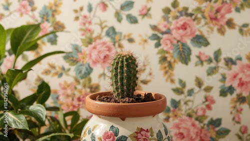 Wallpaper Mural Small cactus plant in a decorative floral pot with a background of pink roses and green leaves on wallpaper. Torontodigital.ca