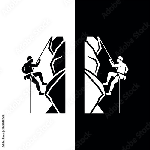 Silhouette of rock climbers ascending steep cliff face in monochrome design Ideal for outdoor adventure and sports themes