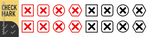 Red and black cross icons set : Set of many red cross set icons in various shapes: square, rounded, circle, and outlined rounded square. perfect for UI, errors, failures