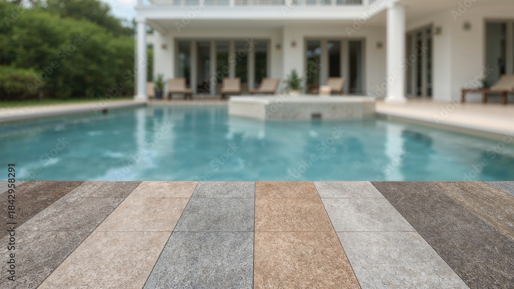 Obraz premium A luxurious house with a swimming pool and a patio area. Modern and stylish architecture with outdoor furniture. The scene depicts leisure and comfort.