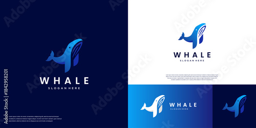 education symbol with marine animal logo, humpback whale, communication, sound waves, graphic design illustration.