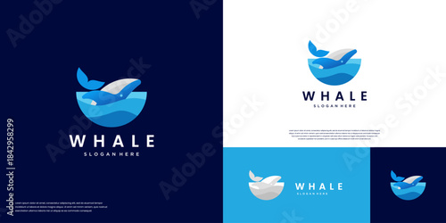 Humpback whale logo, symbol of nature conservation, protection, research, graphic design template.