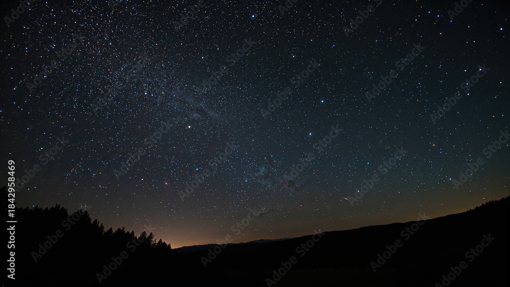 Fototapeta premium A clear night sky with stars and the Milky Way above a silhouetted landscape. Night sky view with stars and cosmic phenomena at nighttime.