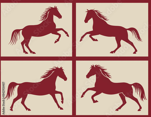 Set of stylized silhouettes of horses in motion. Flat style emblems of galloping red horses. The symbol of 2026 year.