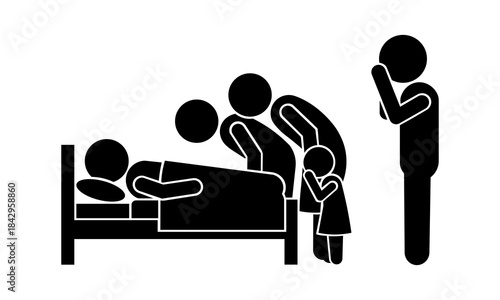 Stickman Family Mourning at Bedside — Minimalist Illustration of Loved Ones Saying Goodbye.