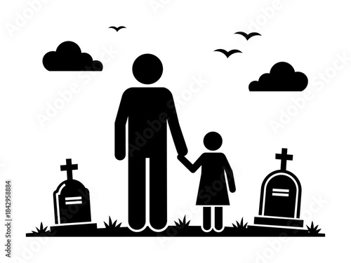 Stickman father and child visiting graveyard — mourning, loss, grief, memorial illustration.