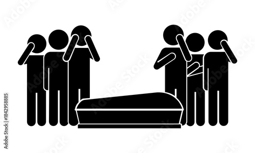 Stickman Mourning Scene — Minimalist Illustration of People Grieving at a Funeral Ceremony.