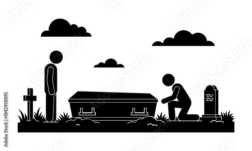 Stickman mourning at graveside with coffin — grief, loss, remembrance illustration.