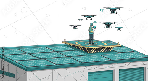 Inspection drones monitoring solar panels on a building managed by an engineer on the rooftop