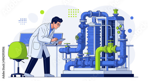 Inspection of a complex industrial water treatment system by a male scientist in lab coat