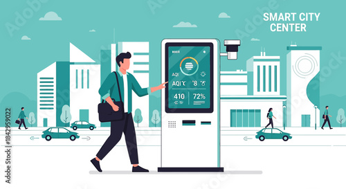 Interactive city interface: man interacting with environmental data display in urban landscape