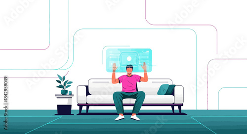 Interactive futuristic experience man on sofa using virtual reality display in modern room