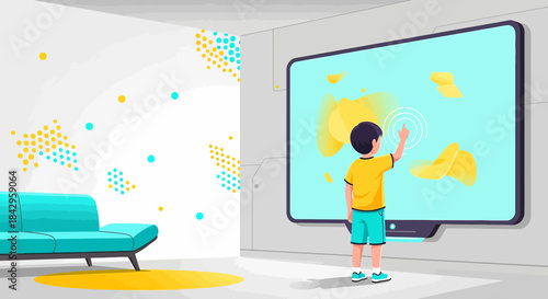 Interactive learning experience a young boy interacts with a touchscreen display exploring future