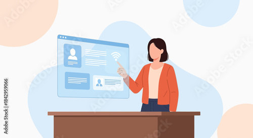 Interactive user interface presentation with a woman pointing at a digital display screen