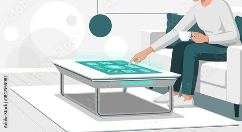 Interactive smart table in a minimalist living room showcasing futuristic home technology interface