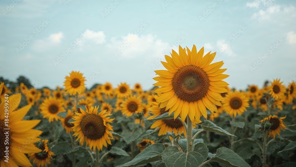 Fototapeta premium Sunflower field during daytime with bright yellow sunflowers and a blue sky in the background.