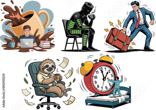 Monday funny scenes with coffee spill tired worker and sleepy sloth