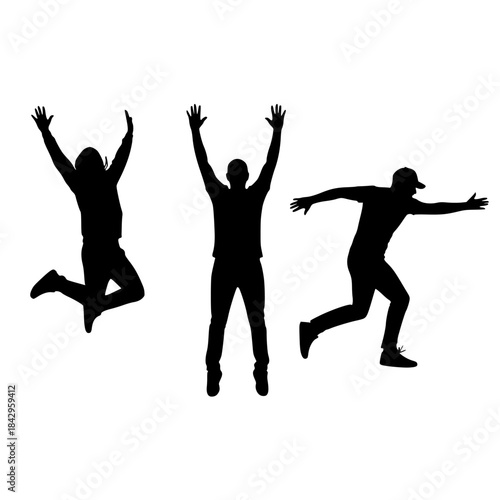 Three silhouetted figures jumping with raised arms against a white background