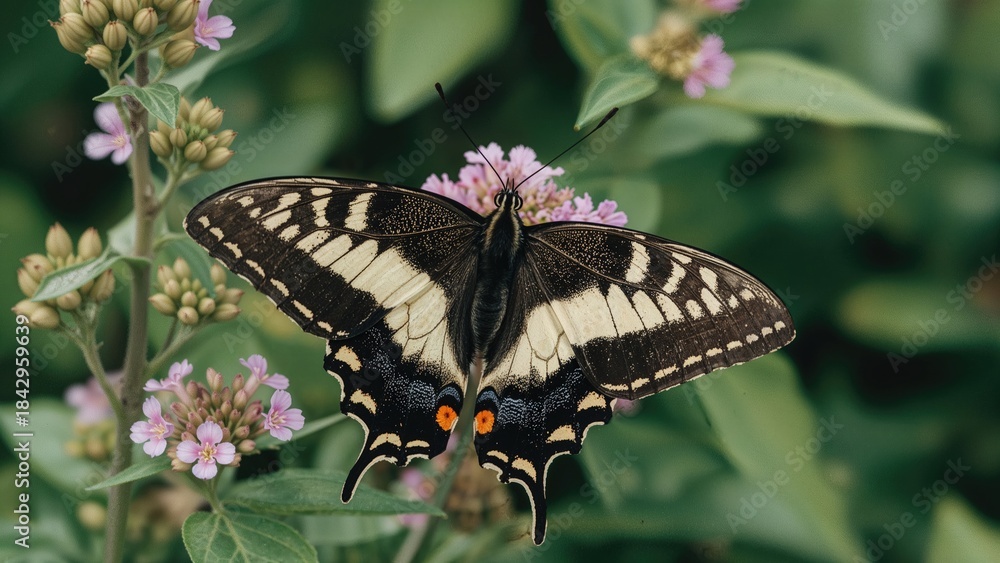 Fototapeta premium Butterfly on pink flowers with green leaves.