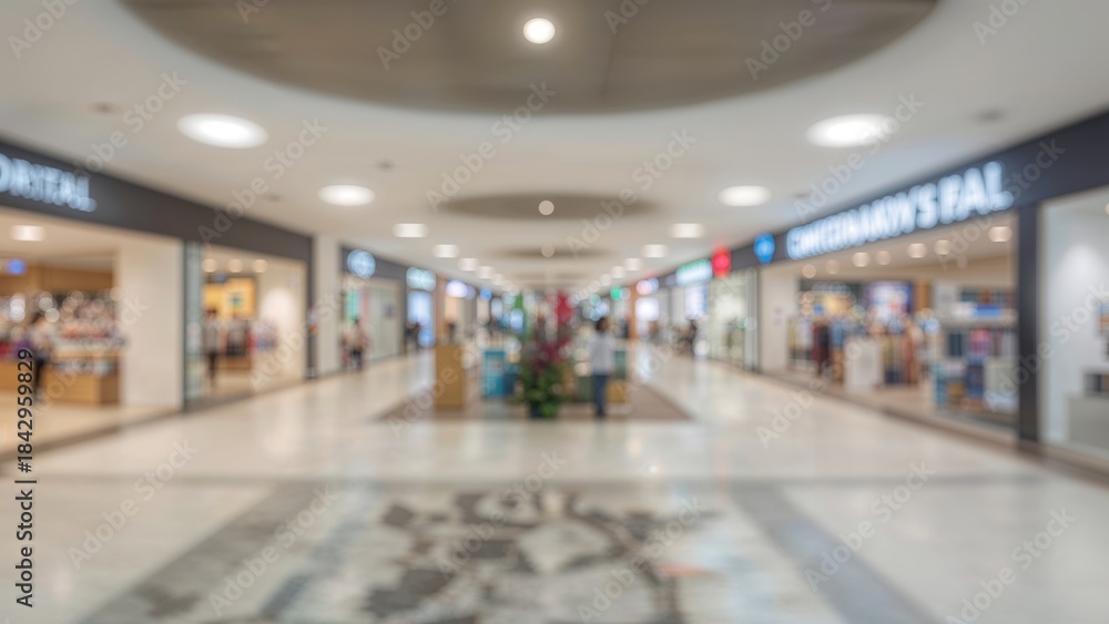 Fototapeta premium Interior of a shopping mall with retail stores and bright lighting, featuring a central pathway and decorative plants.