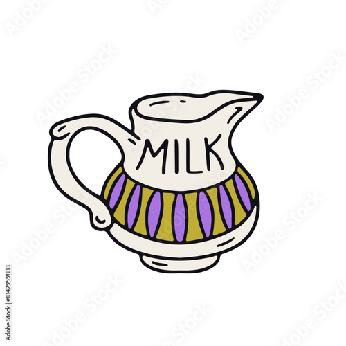 Hand drawn hygge doodle ceramic milk jug icon vector illustration. Cozy kitchen utensils clipart