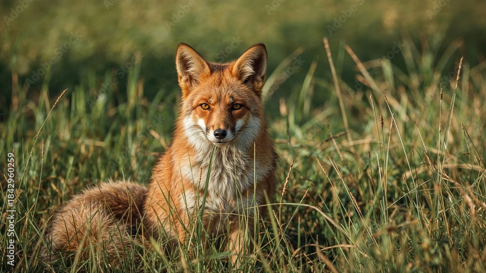Obraz premium A fox sitting in tall grass in a natural environment.