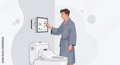 Man interacts with a smart toilet's interface modern bathroom design technology and convenience