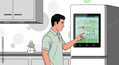 Man interacts with a smart refrigerator touchscreen, visualizing food inventory and kitchen